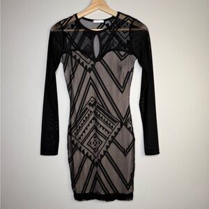 ENTRY Sheer Mesh Geometric Bodycon Dress Womens XS Black Taupe Long Sleeve